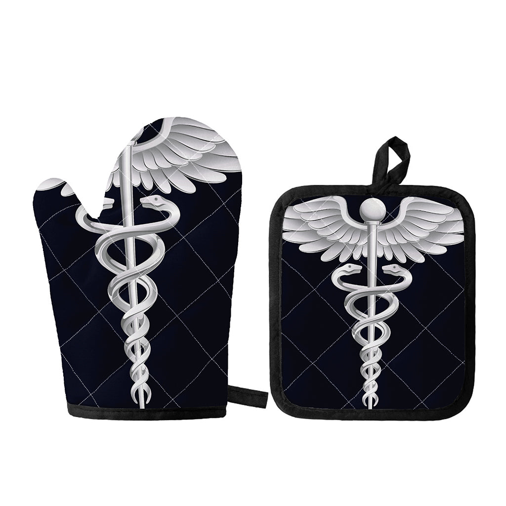 Caduceus Symbol Of Medicine Print Oven Mitt And Pot Holder Set