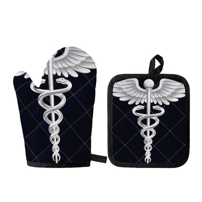 Caduceus Symbol Of Medicine Print Oven Mitt And Pot Holder Set