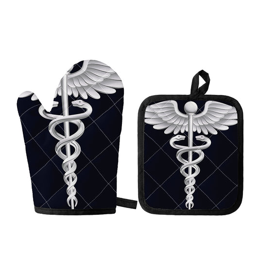 Caduceus Symbol Of Medicine Print Oven Mitt And Pot Holder Set