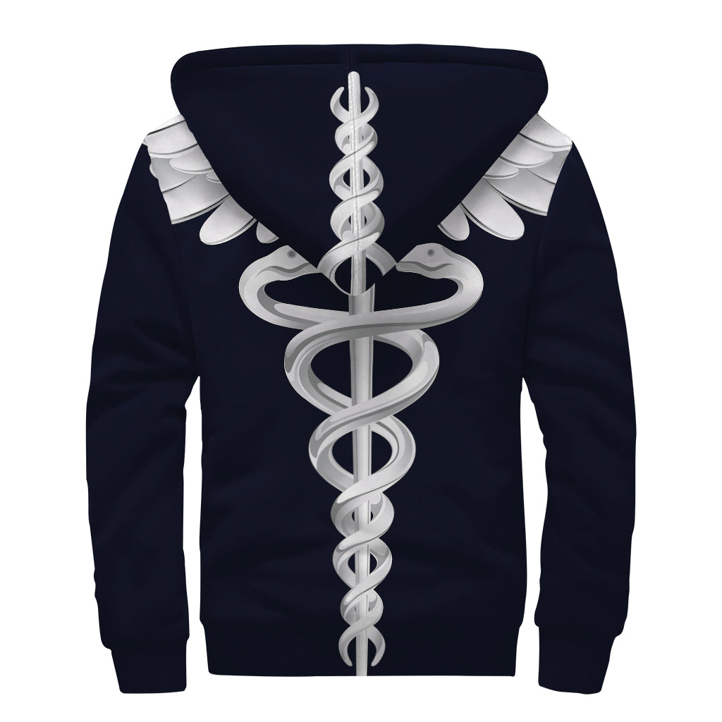 Caduceus Symbol Of Medicine Print Sherpa Lined Zip Up Hoodie