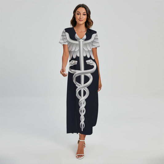 Caduceus Symbol Of Medicine Print Short Sleeve Maxi Dress