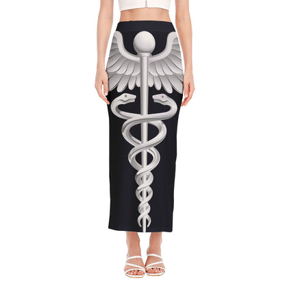 Caduceus Symbol Of Medicine Print Side Slit Maxi Skirt