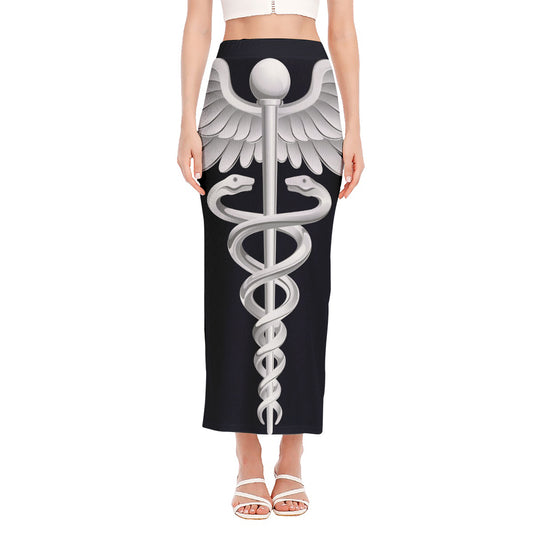 Caduceus Symbol Of Medicine Print Side Slit Maxi Skirt