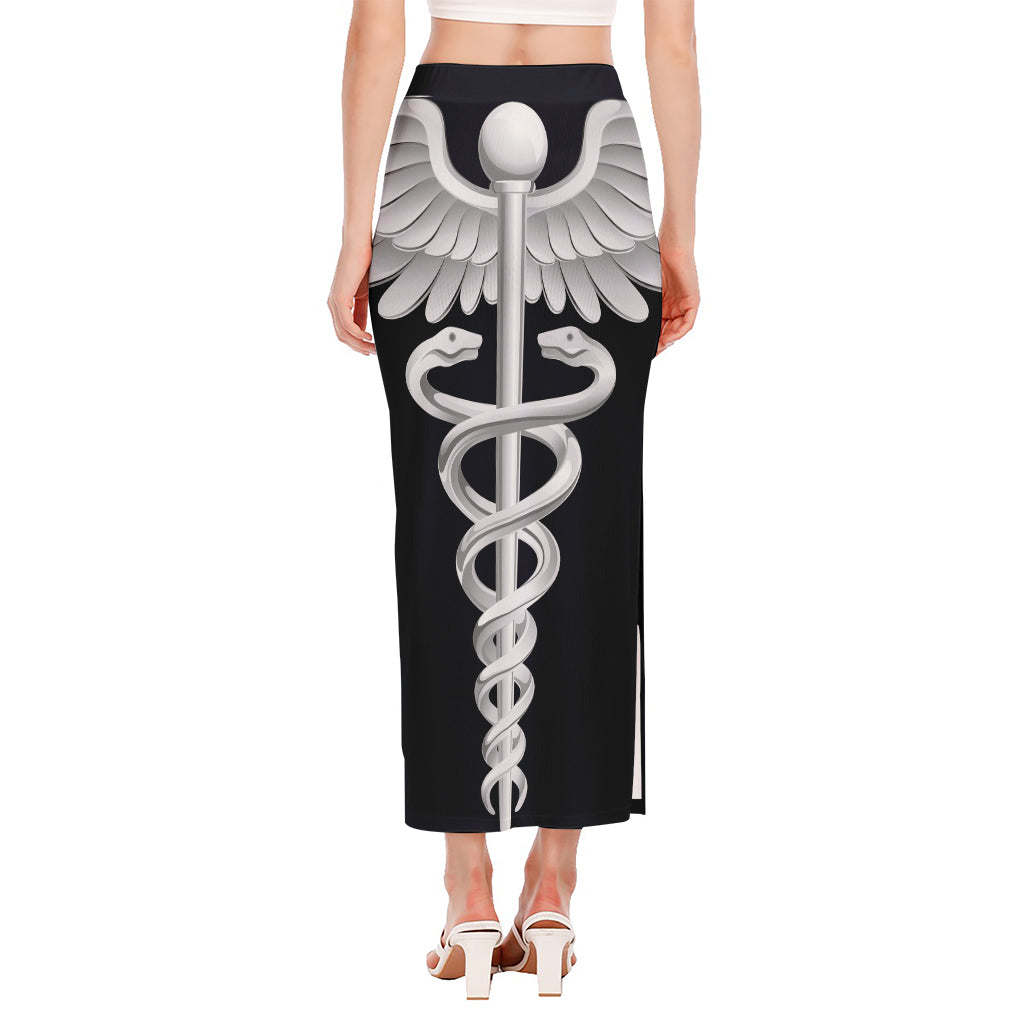 Caduceus Symbol Of Medicine Print Side Slit Maxi Skirt