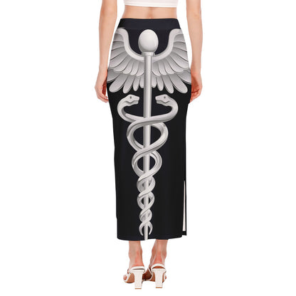 Caduceus Symbol Of Medicine Print Side Slit Maxi Skirt
