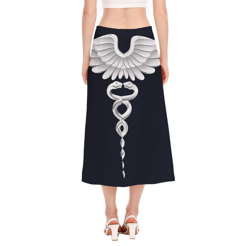 Caduceus Symbol Of Medicine Print Side Slit Midi Skirt