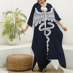 Caduceus Symbol Of Medicine Print Silk V-Neck Kaftan Dress