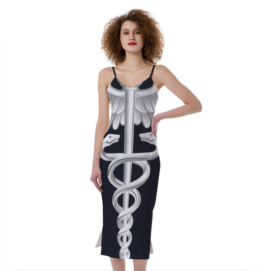 Caduceus Symbol Of Medicine Print Slim Fit Midi Cami Dress