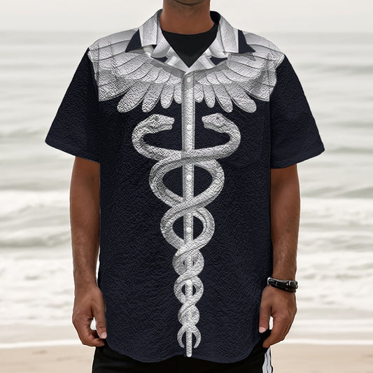 Caduceus Symbol Of Medicine Print Textured Short Sleeve Shirt