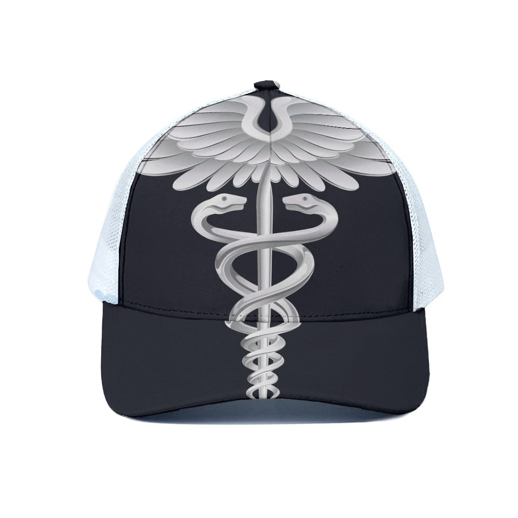 Caduceus Symbol Of Medicine Print White Mesh Trucker Cap
