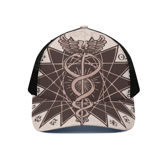 Caduceus Symbol Print Black Mesh Trucker Cap