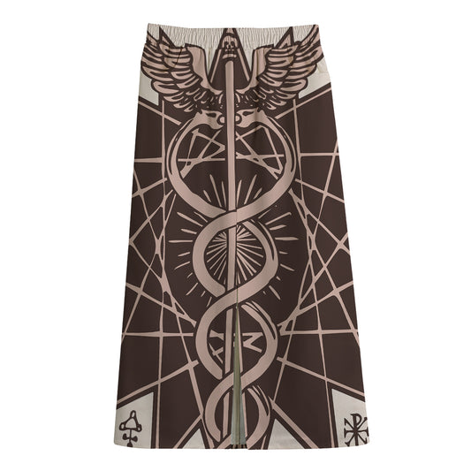 Caduceus Symbol Print Cotton Front Slit Maxi Skirt
