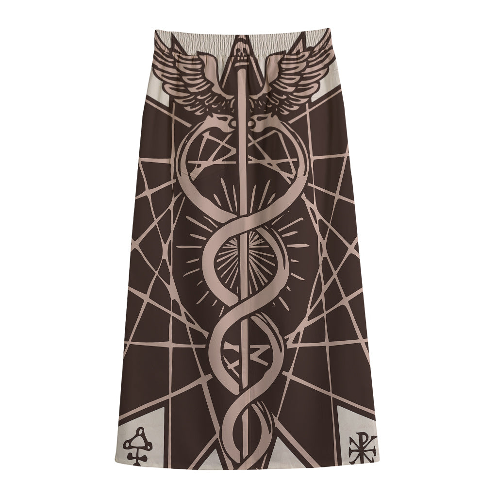 Caduceus Symbol Print Cotton Front Slit Maxi Skirt