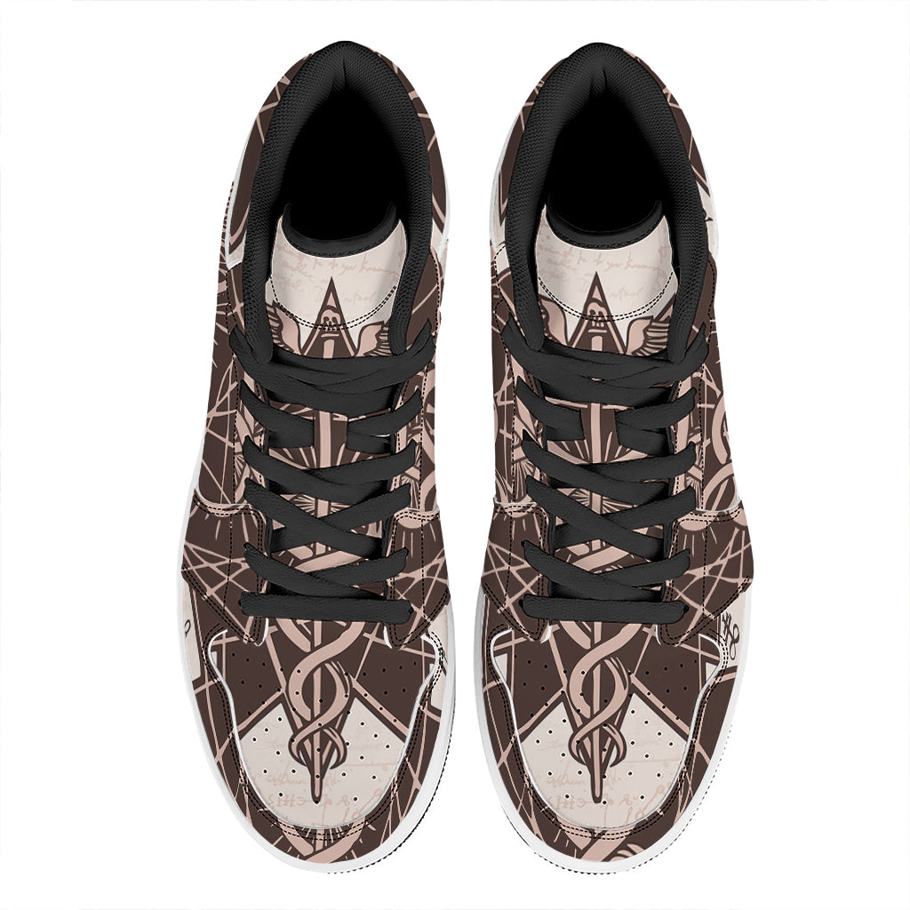 Caduceus Symbol Print High Top Leather Sneakers