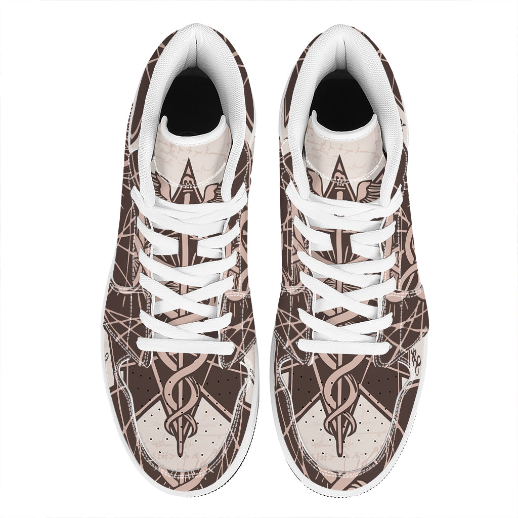 Caduceus Symbol Print High Top Leather Sneakers