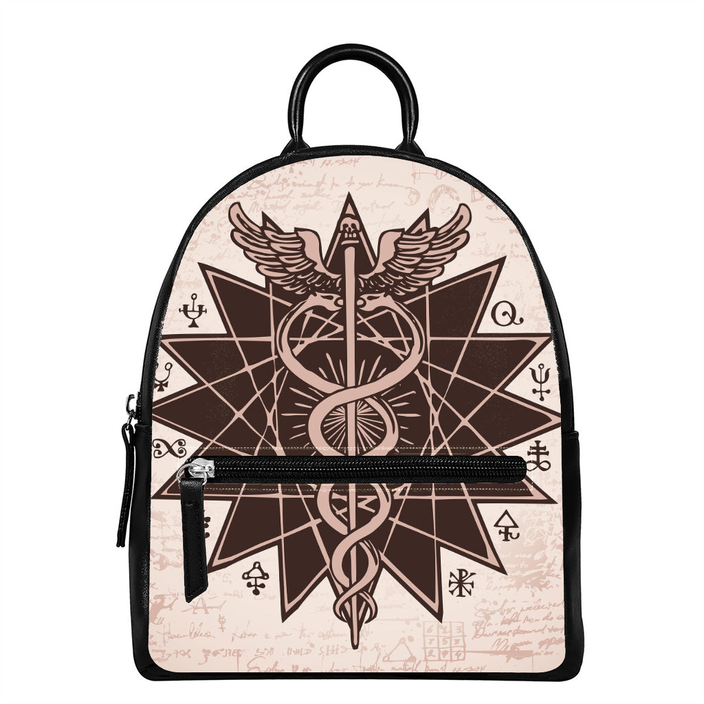 Caduceus Symbol Print Leather Backpack