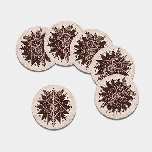 Caduceus Symbol Print Leather Coaster Set