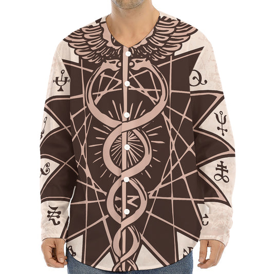 Caduceus Symbol Print Long Sleeve Baseball Jersey