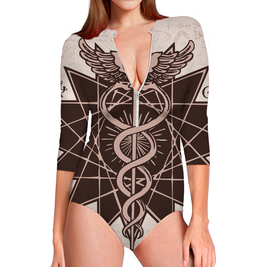 Caduceus Symbol Print Long Sleeve Swimsuit