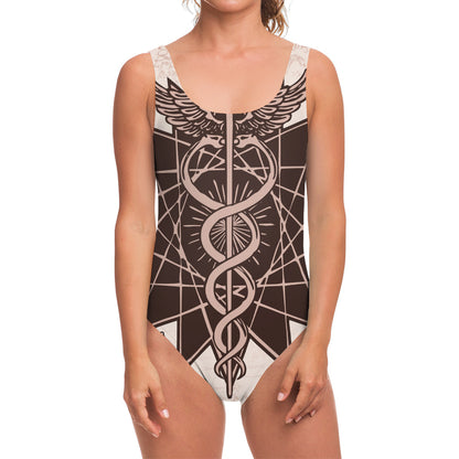 Caduceus Symbol Print One Piece Swimsuit