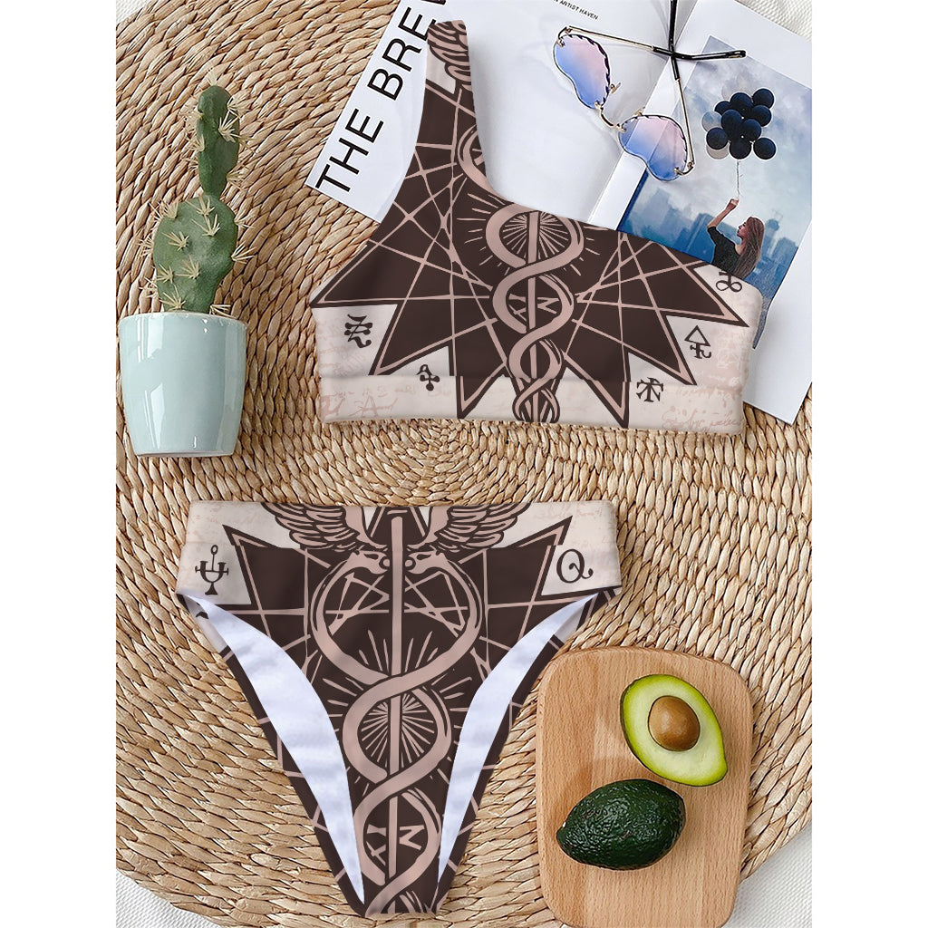 Caduceus Symbol Print One Shoulder Bikini Top