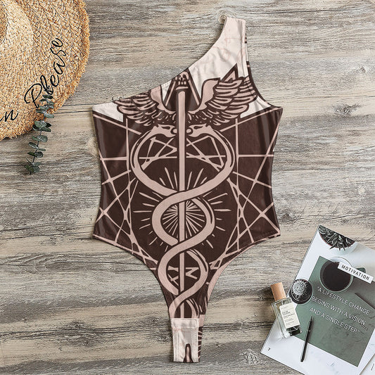 Caduceus Symbol Print One Shoulder Bodysuit