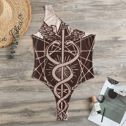 Caduceus Symbol Print One Shoulder Bodysuit