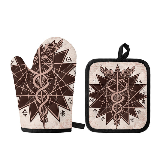 Caduceus Symbol Print Oven Mitt And Pot Holder Set
