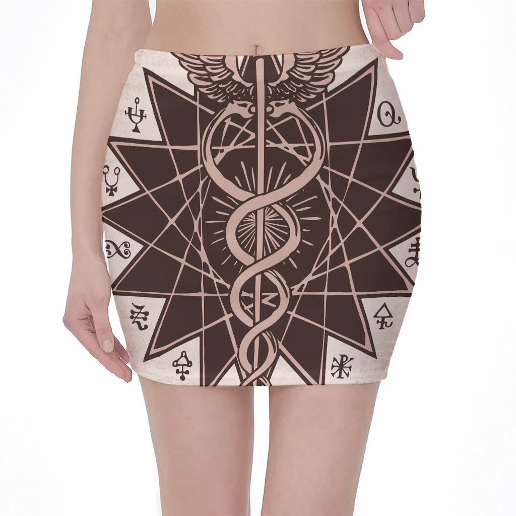 Caduceus Symbol Print Pencil Mini Skirt