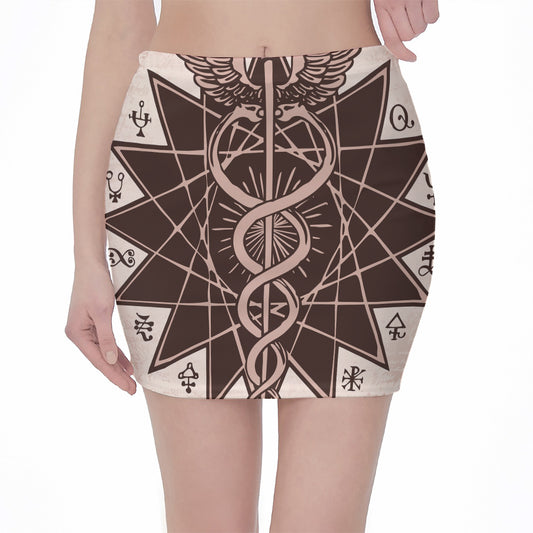 Caduceus Symbol Print Pencil Mini Skirt