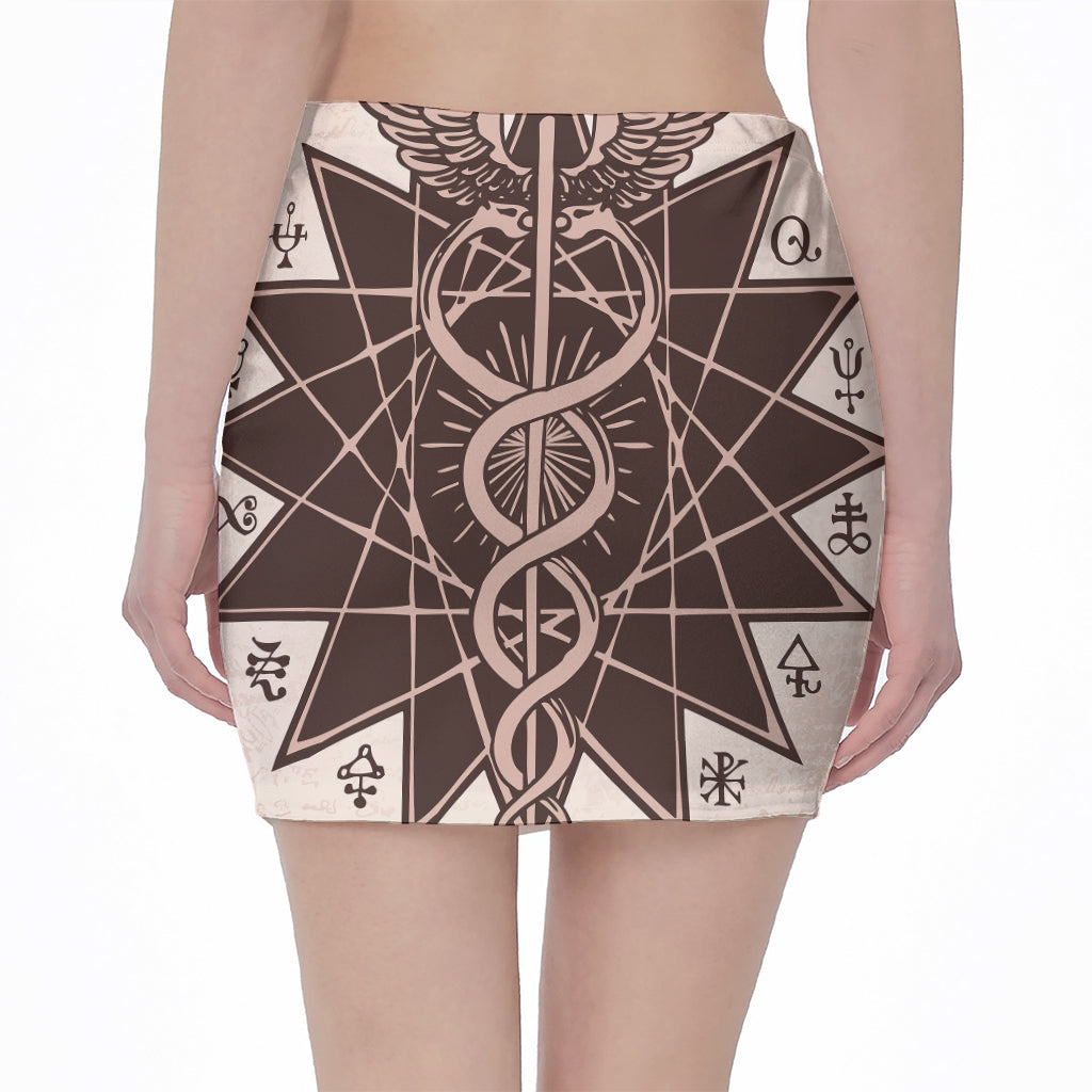 Caduceus Symbol Print Pencil Mini Skirt