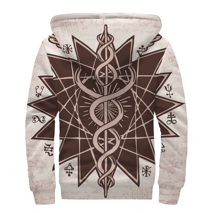 Caduceus Symbol Print Sherpa Lined Zip Up Hoodie