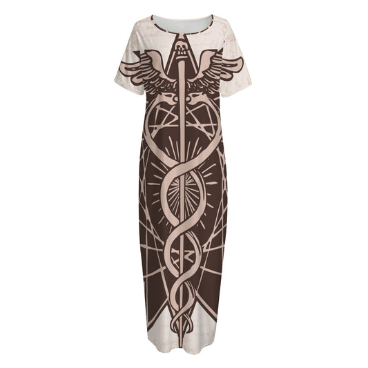 Caduceus Symbol Print Short Sleeve Long Nightdress