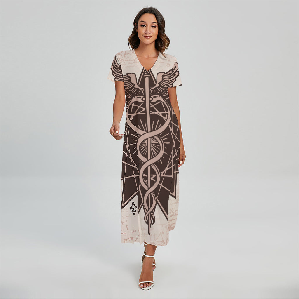 Caduceus Symbol Print Short Sleeve Maxi Dress