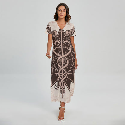 Caduceus Symbol Print Short Sleeve Maxi Dress