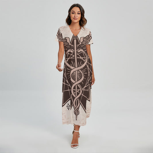 Caduceus Symbol Print Short Sleeve Maxi Dress