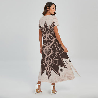 Caduceus Symbol Print Short Sleeve Maxi Dress