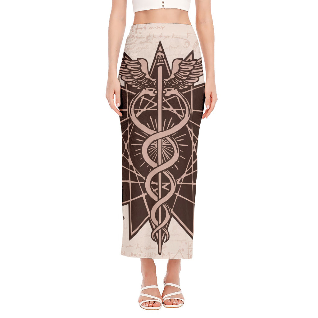 Caduceus Symbol Print Side Slit Maxi Skirt