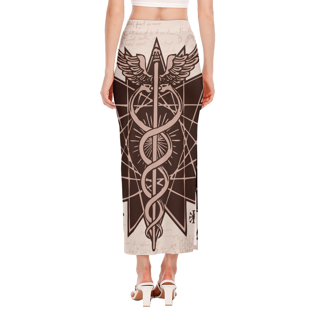 Caduceus Symbol Print Side Slit Maxi Skirt