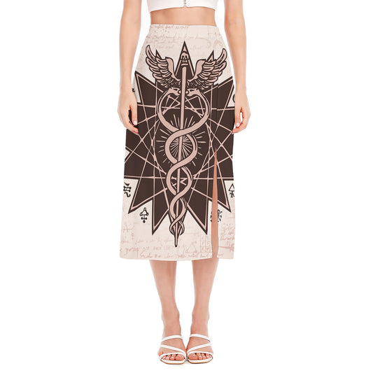 Caduceus Symbol Print Side Slit Midi Skirt