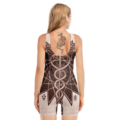 Caduceus Symbol Print Sleeveless One Piece Swimsuit