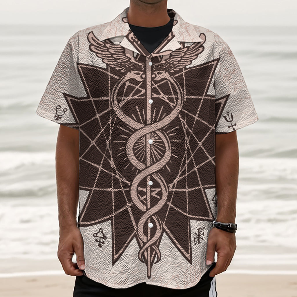 Caduceus Symbol Print Textured Short Sleeve Shirt