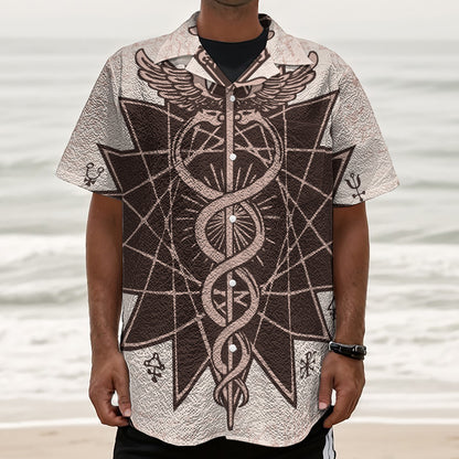 Caduceus Symbol Print Textured Short Sleeve Shirt