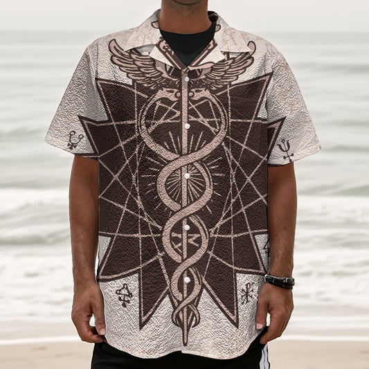 Caduceus Symbol Print Textured Short Sleeve Shirt