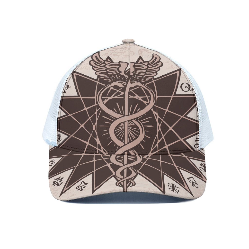 Caduceus Symbol Print White Mesh Trucker Cap