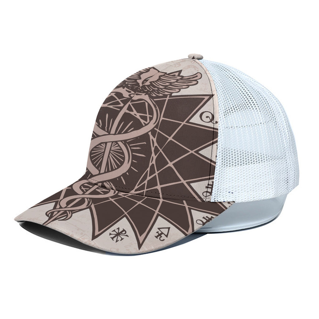 Caduceus Symbol Print White Mesh Trucker Cap