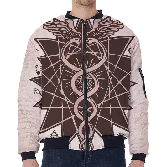 Caduceus Symbol Print Zip Sleeve Bomber Jacket