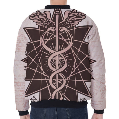 Caduceus Symbol Print Zip Sleeve Bomber Jacket