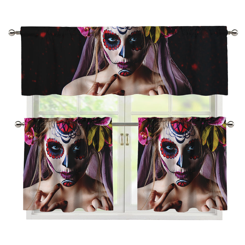 Calavera Girl Day of The Dead Print 3 Piece Kitchen Curtains