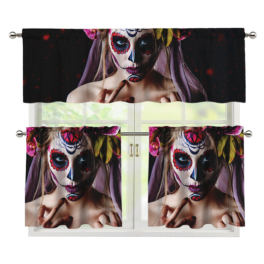 Calavera Girl Day of The Dead Print 3 Piece Kitchen Curtains